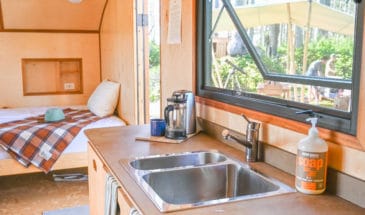 cabin layout with sink dinette and bed