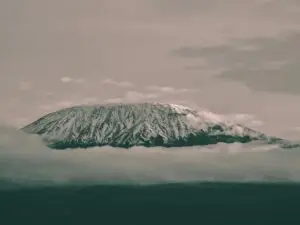 View of Mt Kilimanjaro with a snow-covered summit and clouds just underneath.
